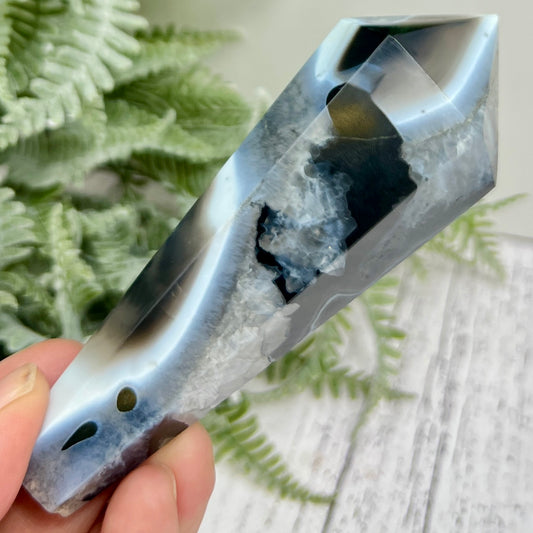 Black Agate Quartz Wand with Stand Healing Crystal Carving 160g 115mm