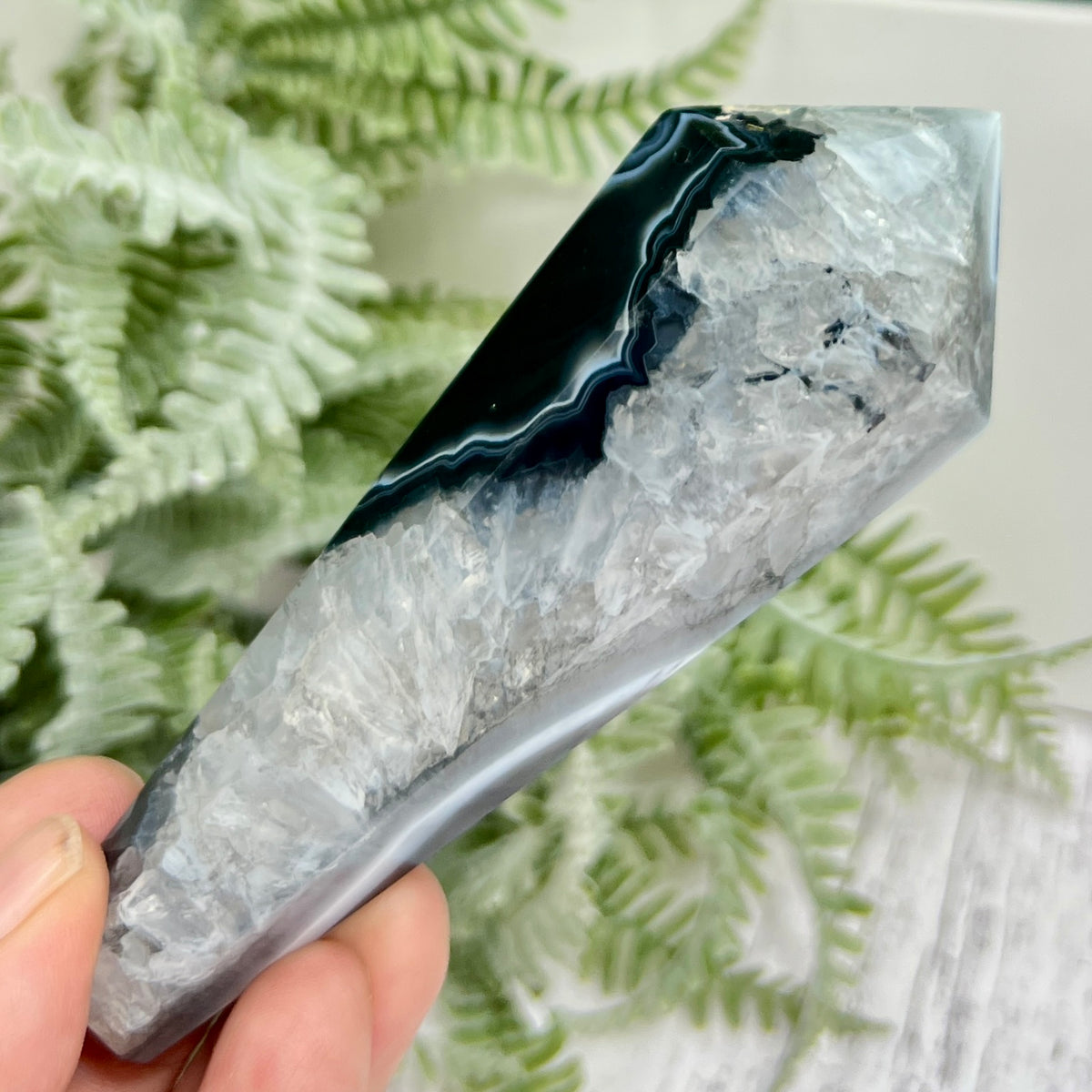 Black Agate Quartz Wand with Stand Healing Crystal Carving 160g 115mm
