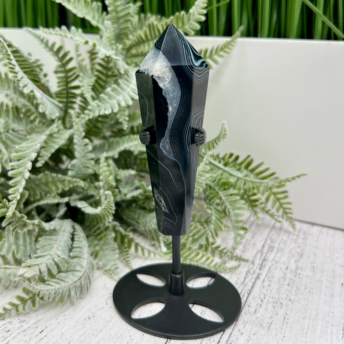 Black Agate Quartz Wand with Stand Healing Crystal Carving 85g 93mm