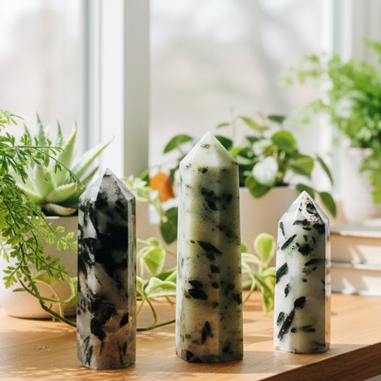 Green Tourmaline in Quartz Points Towers Crystal Generators