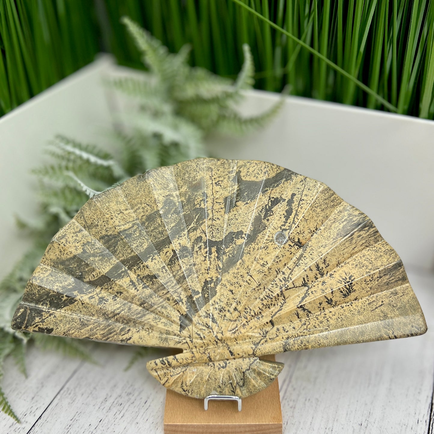 Picture Jasper Gemstone Fan with Stand Crystal Carving 619g