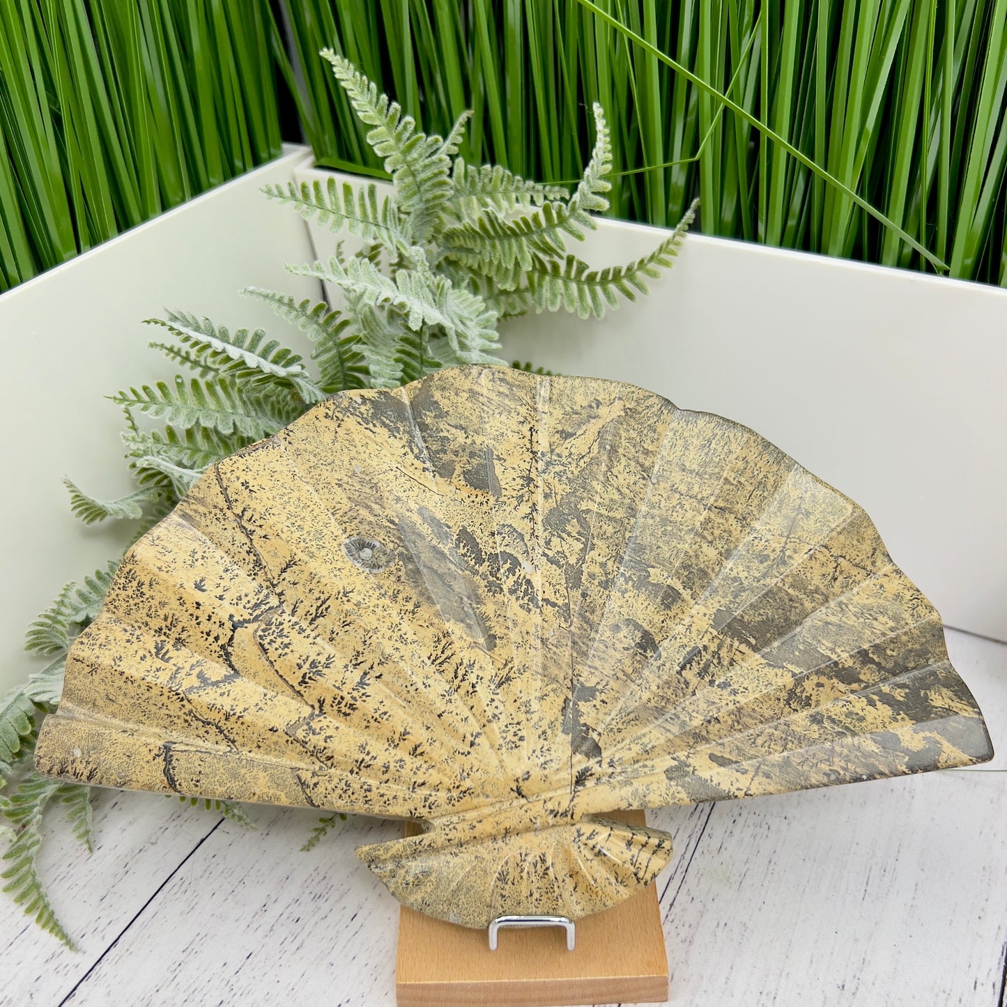 Picture Jasper Gemstone Fan with Stand Crystal Carving 619g