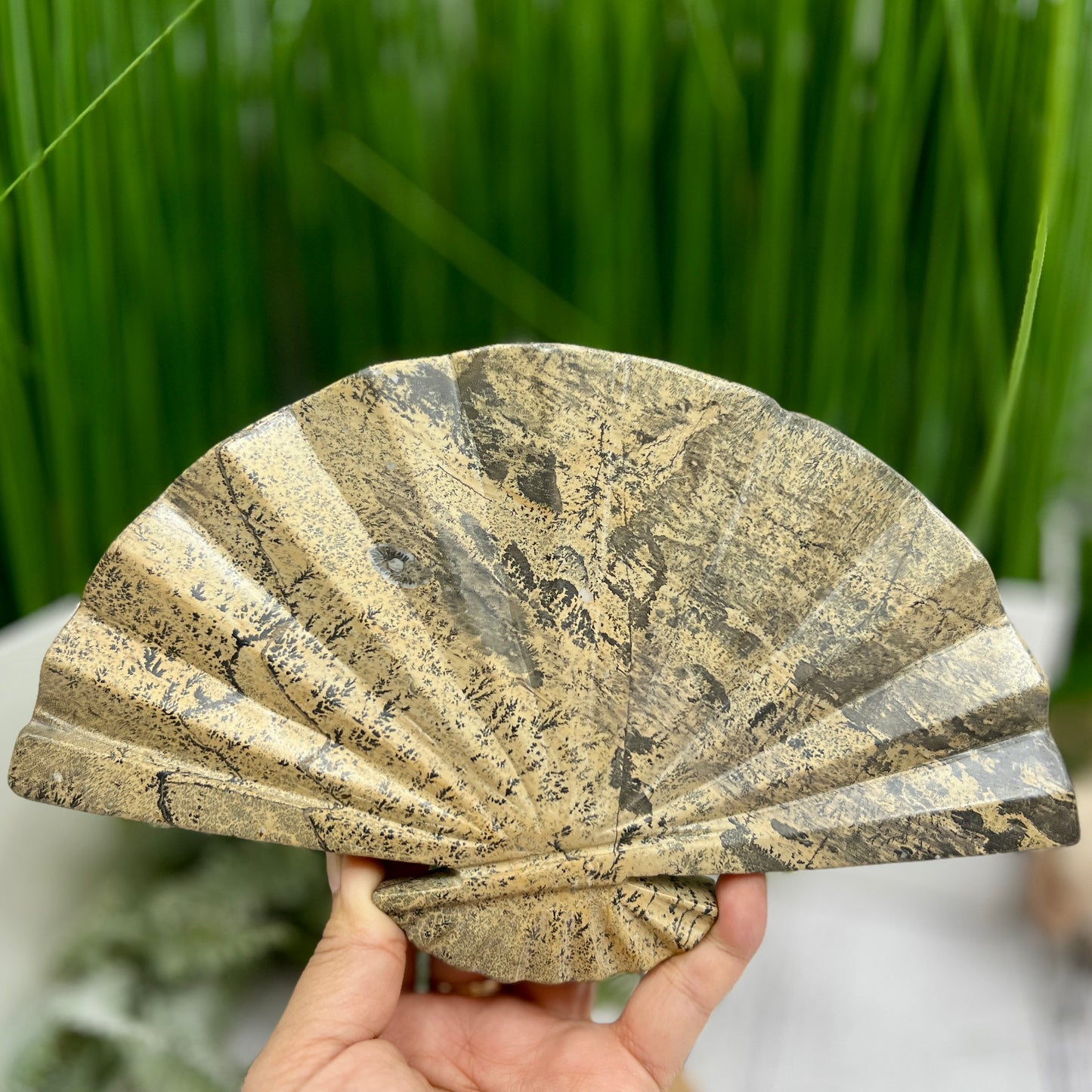 Picture Jasper Gemstone Fan with Stand Crystal Carving 619g