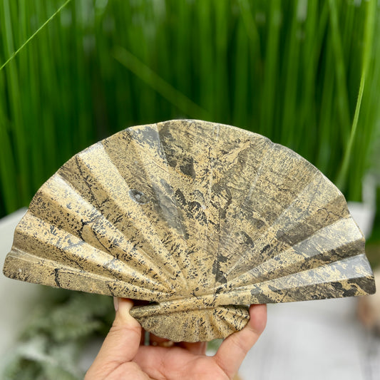 Picture Jasper Gemstone Fan with Stand Crystal Carving 619g