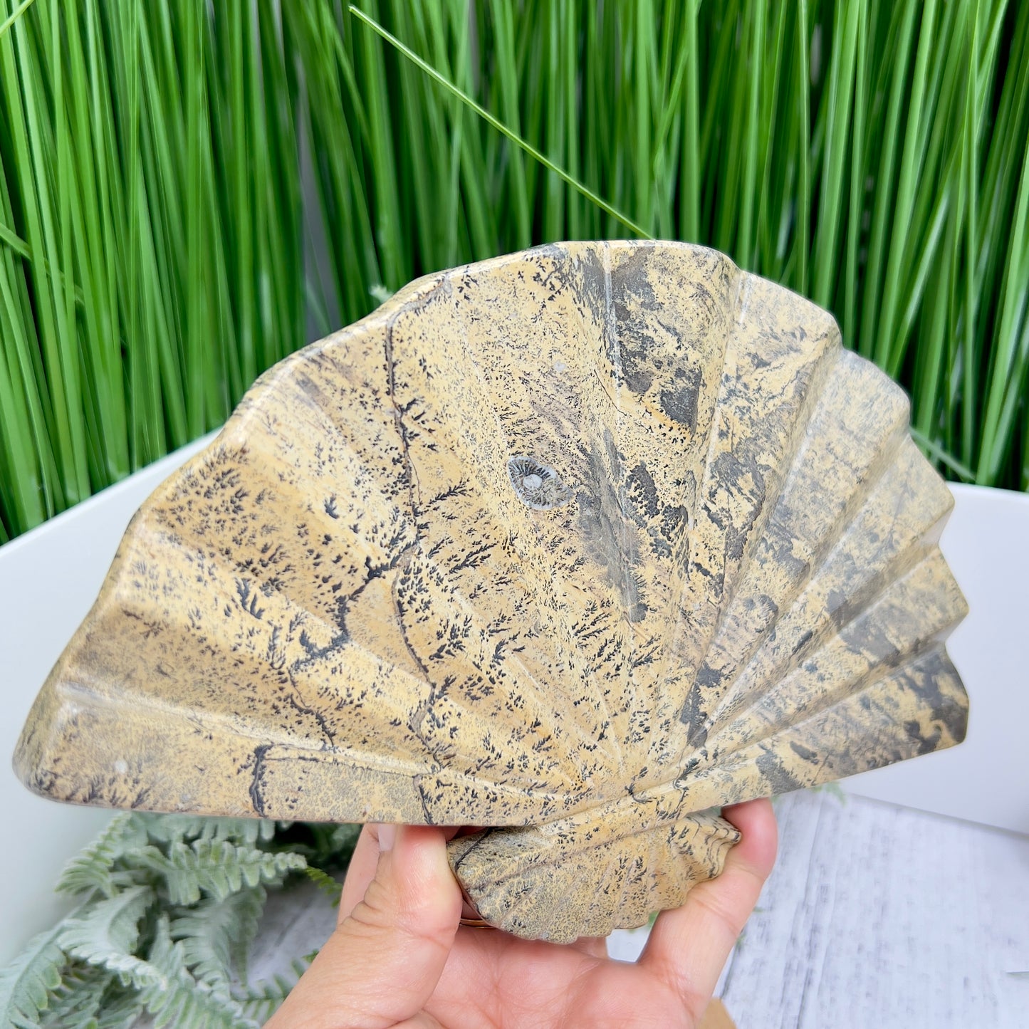 Picture Jasper Gemstone Fan with Stand Crystal Carving 619g