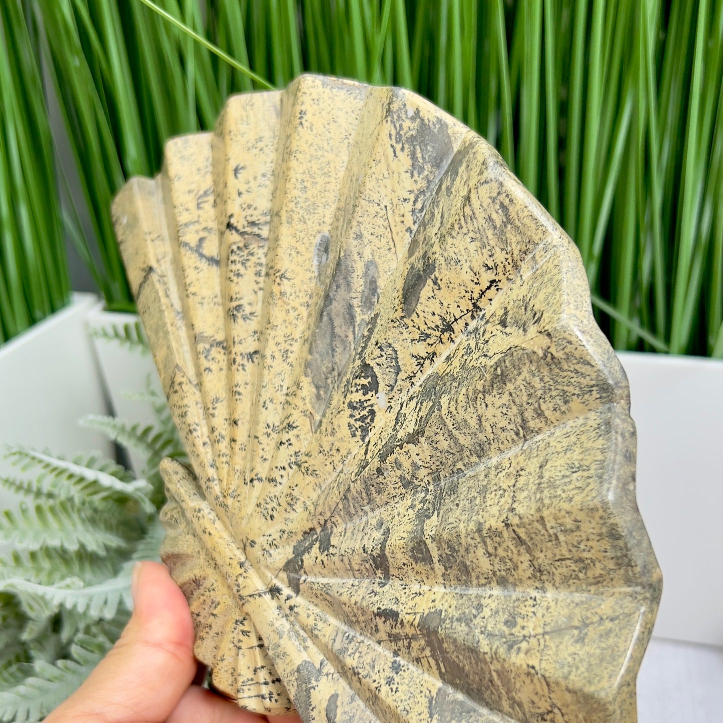 Picture Jasper Gemstone Fan with Stand Crystal Carving 619g