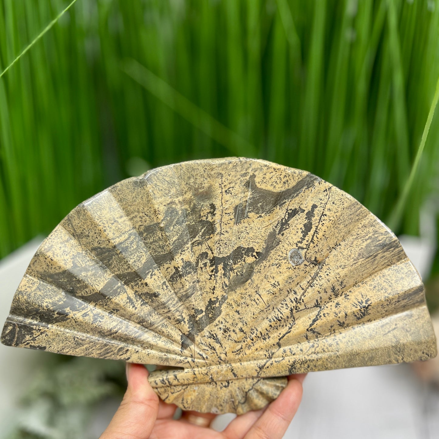 Picture Jasper Gemstone Fan with Stand Crystal Carving 619g