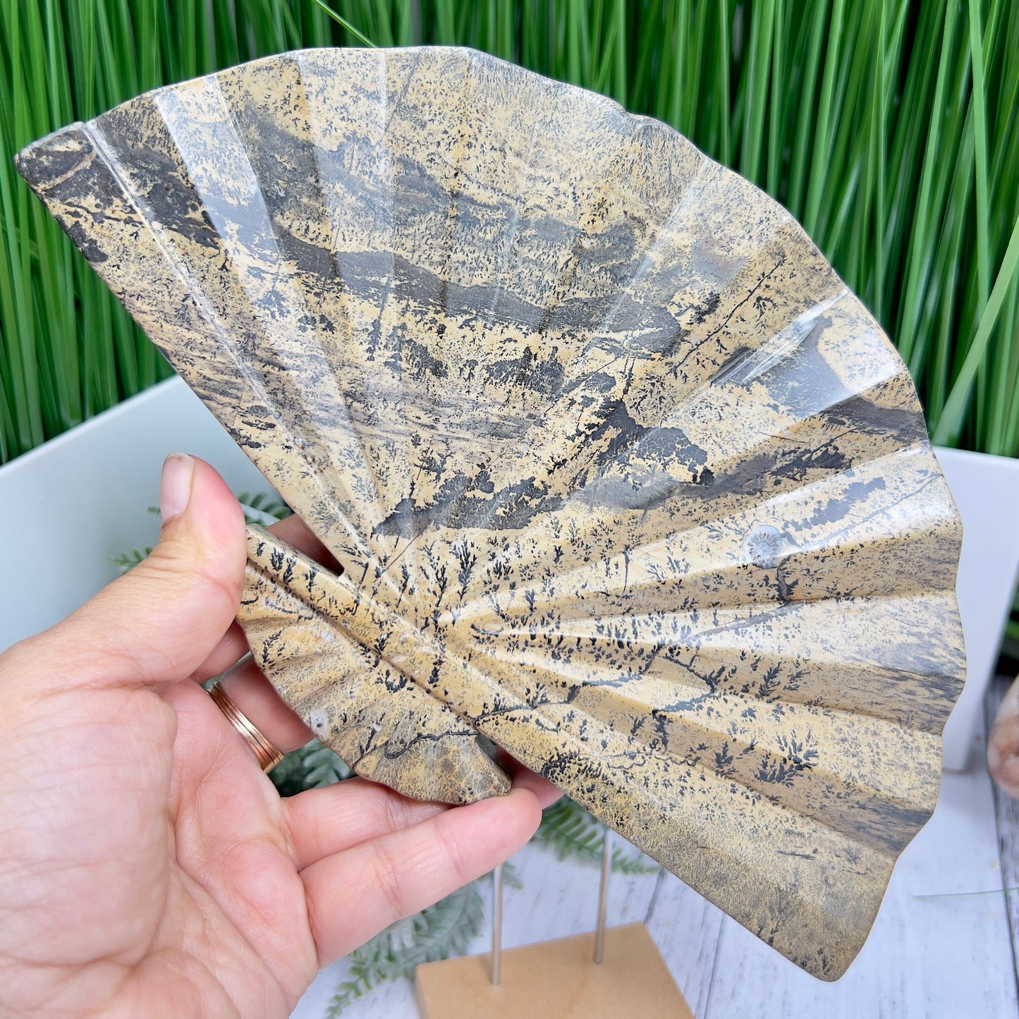 Picture Jasper Gemstone Fan with Stand Crystal Carving 619g