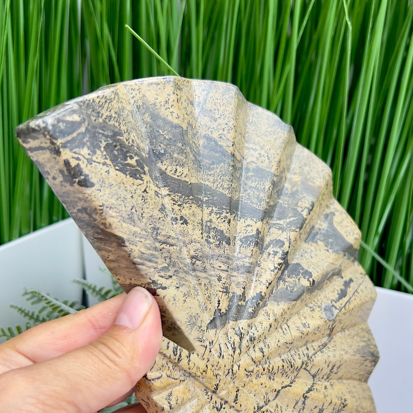 Picture Jasper Gemstone Fan with Stand Crystal Carving 619g