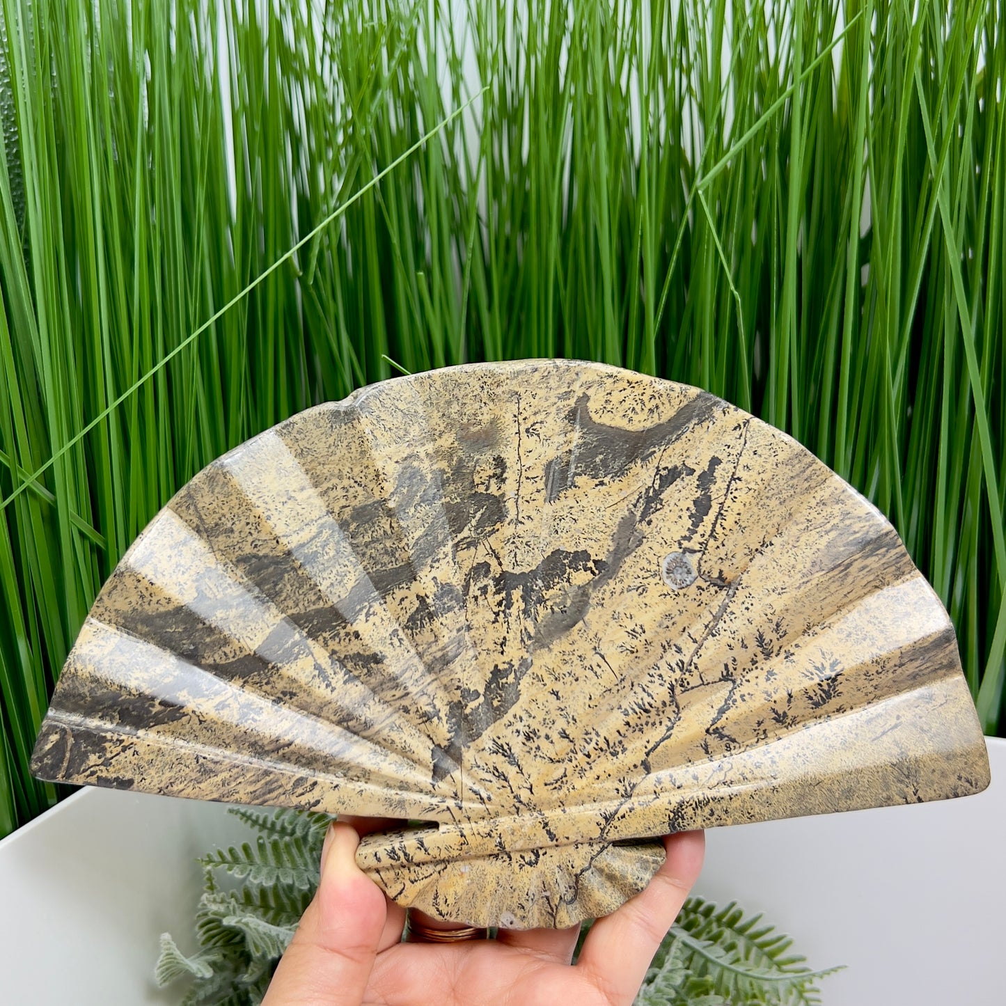 Picture Jasper Gemstone Fan with Stand Crystal Carving 619g