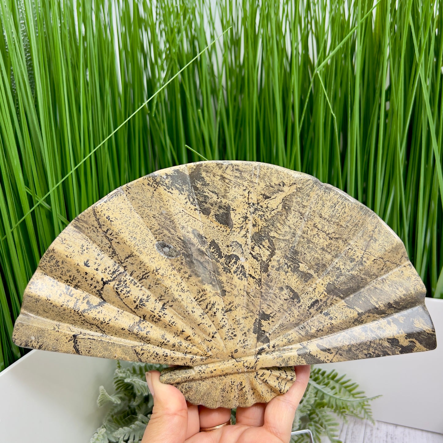 Picture Jasper Gemstone Fan with Stand Crystal Carving 619g
