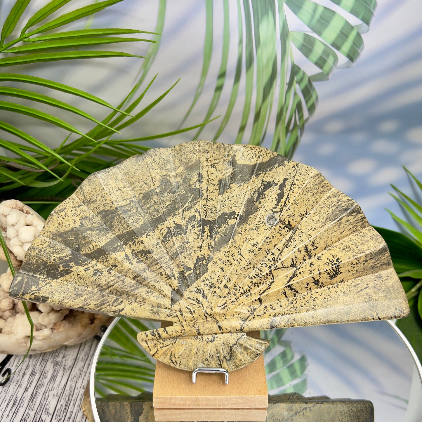 Picture Jasper Gemstone Fan with Stand Crystal Carving 619g