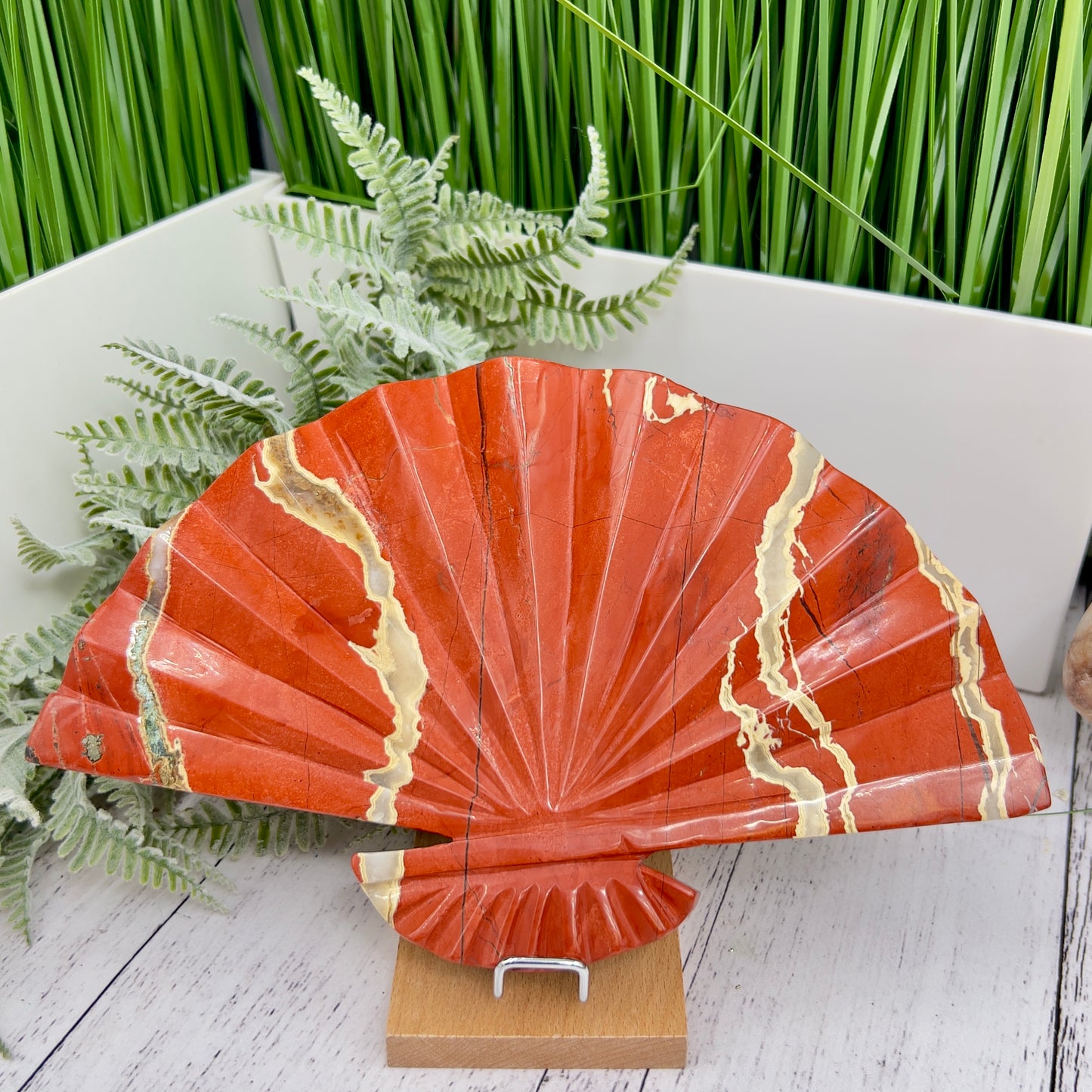 Red Jasper Gemstone Fan with Stand Crystal Carving 641g