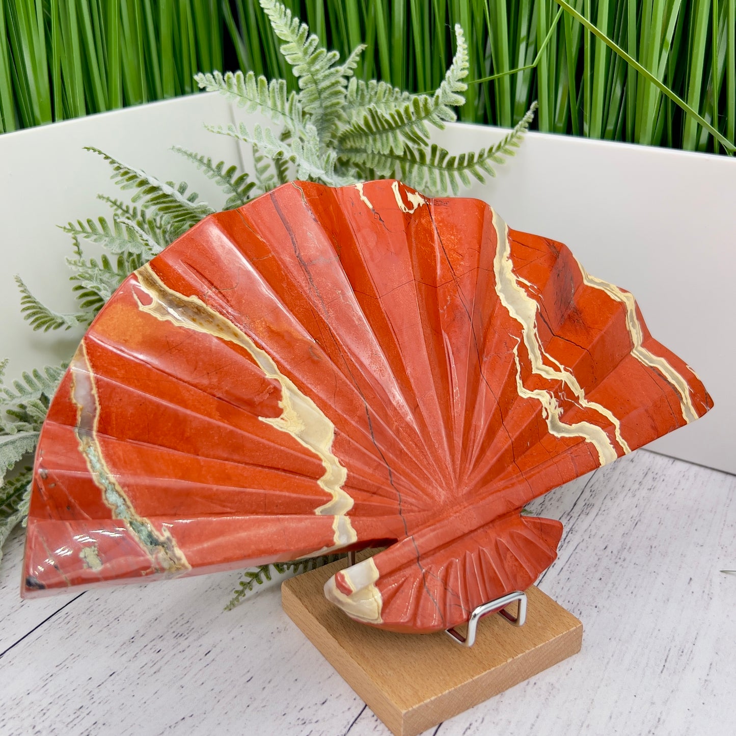 Red Jasper Gemstone Fan with Stand Crystal Carving 641g