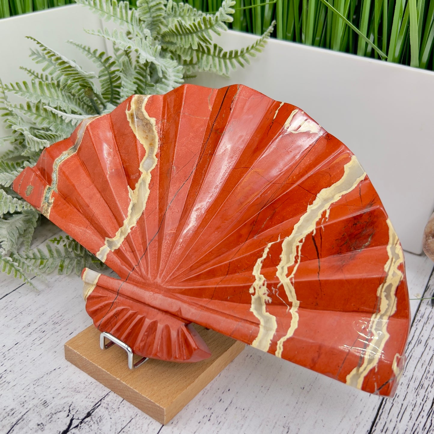 Red Jasper Gemstone Fan with Stand Crystal Carving 641g