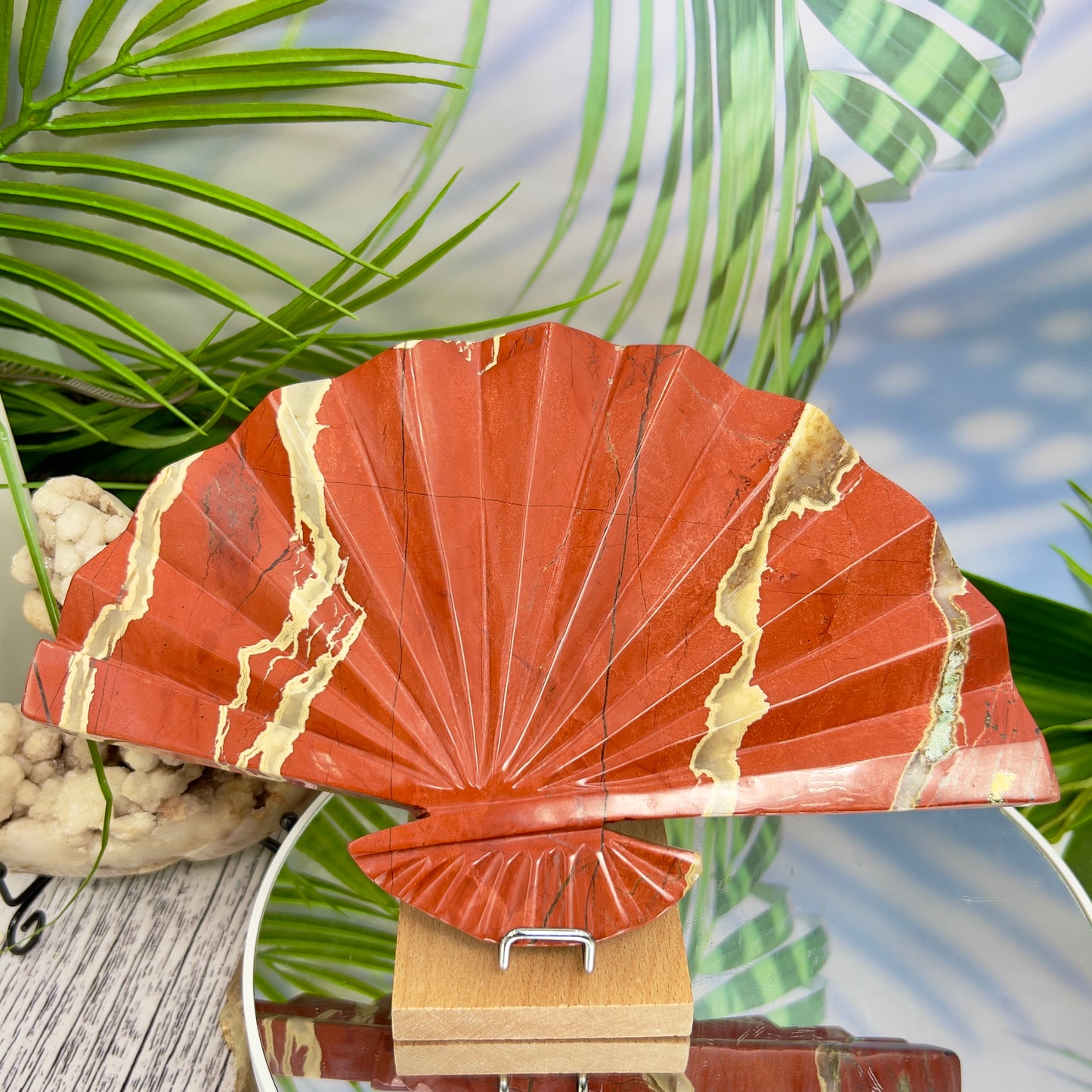 Red Jasper Gemstone Fan with Stand Crystal Carving 641g