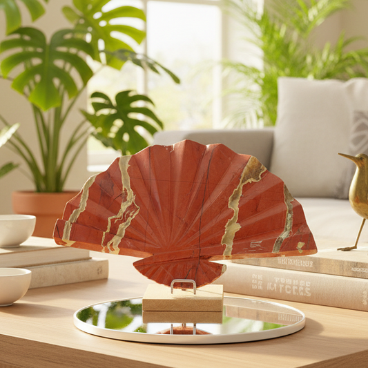 Red Jasper Gemstone Fan with Stand Crystal Carving 641g