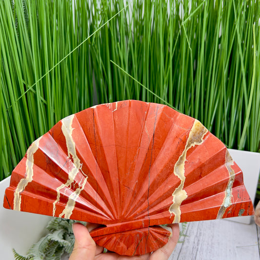 Red Jasper Gemstone Fan with Stand Crystal Carving 641g