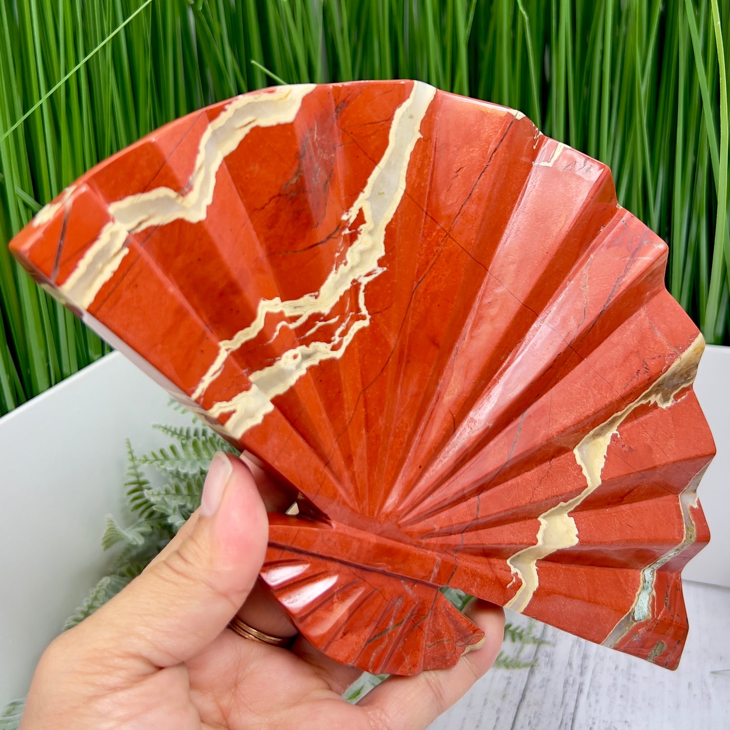Red Jasper Gemstone Fan with Stand Crystal Carving 641g