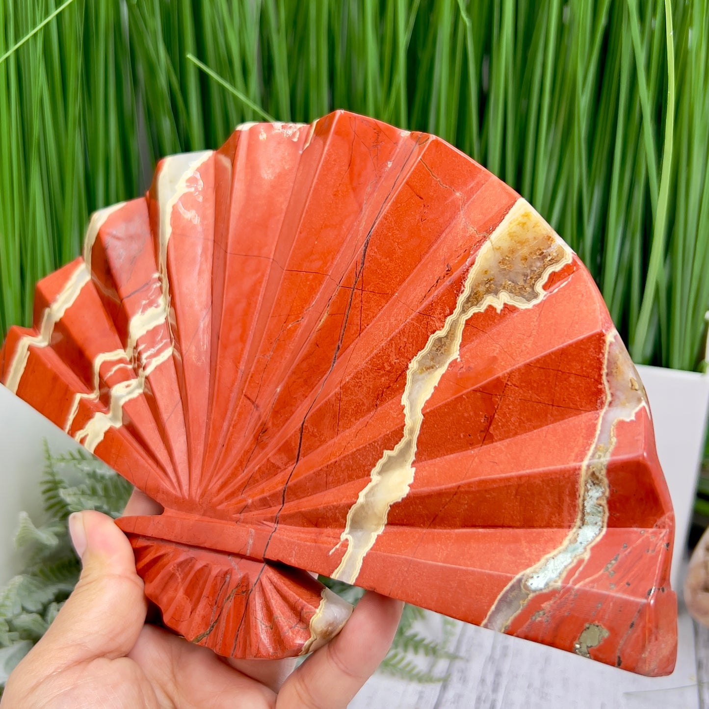 Red Jasper Gemstone Fan with Stand Crystal Carving 641g