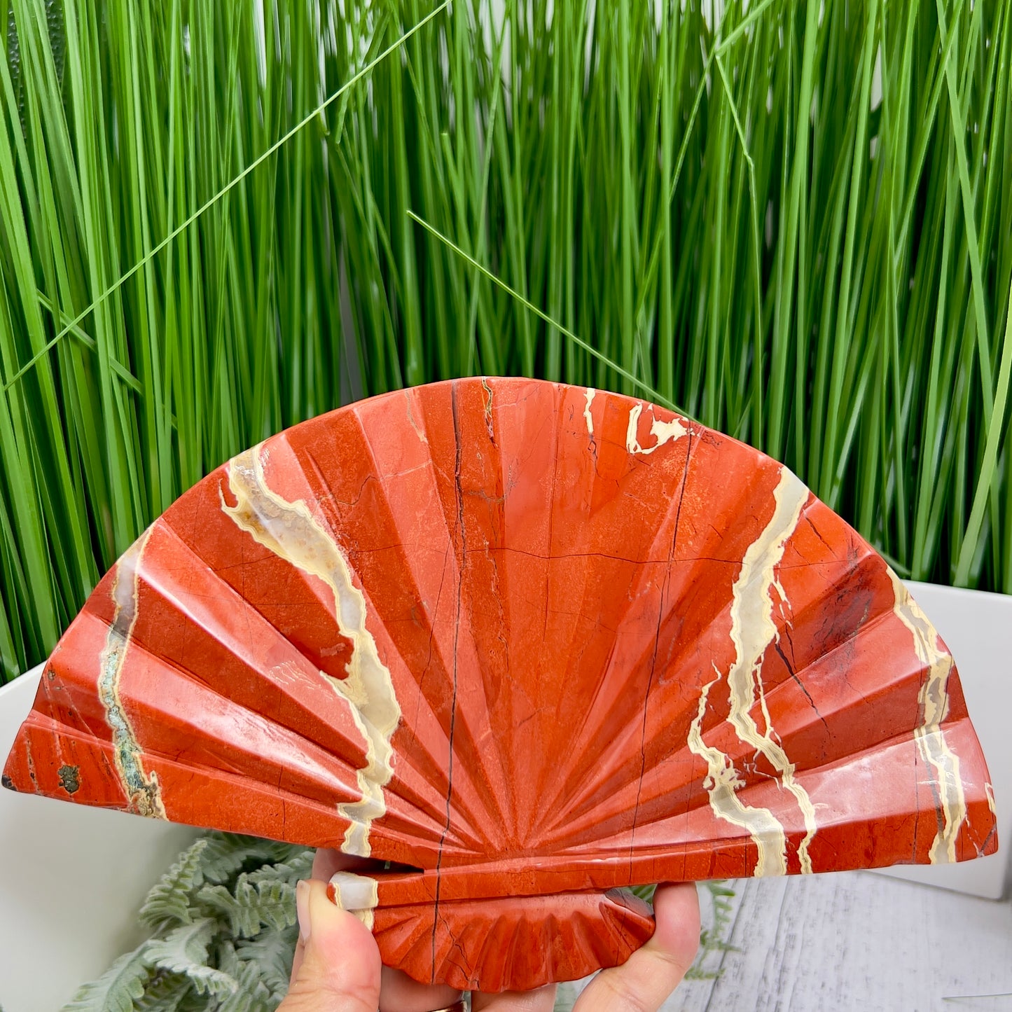 Red Jasper Gemstone Fan with Stand Crystal Carving 641g