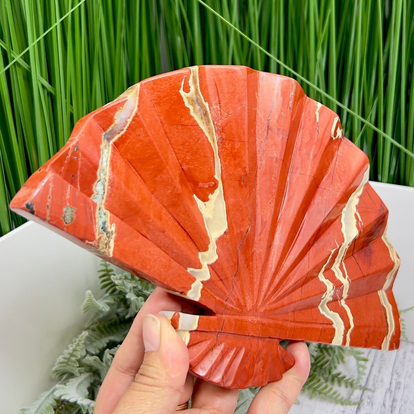 Red Jasper Gemstone Fan with Stand Crystal Carving 641g