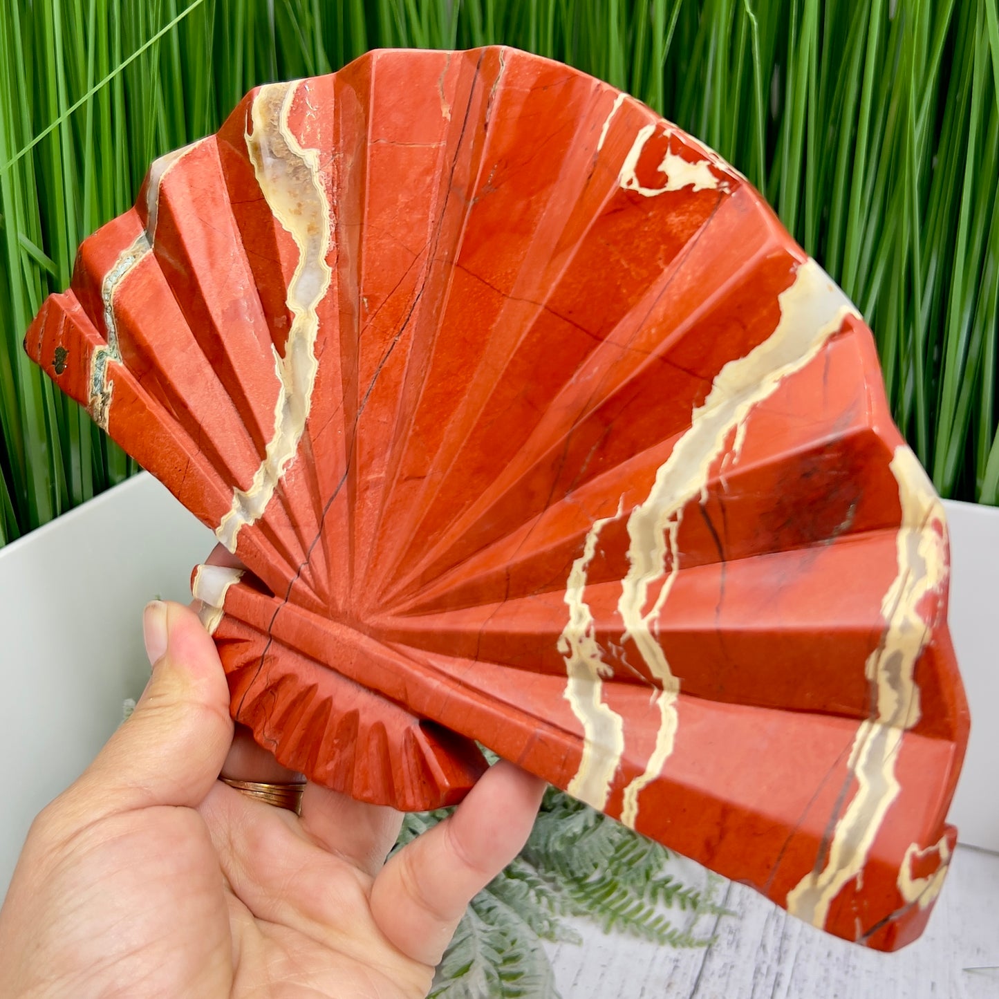 Red Jasper Gemstone Fan with Stand Crystal Carving 641g