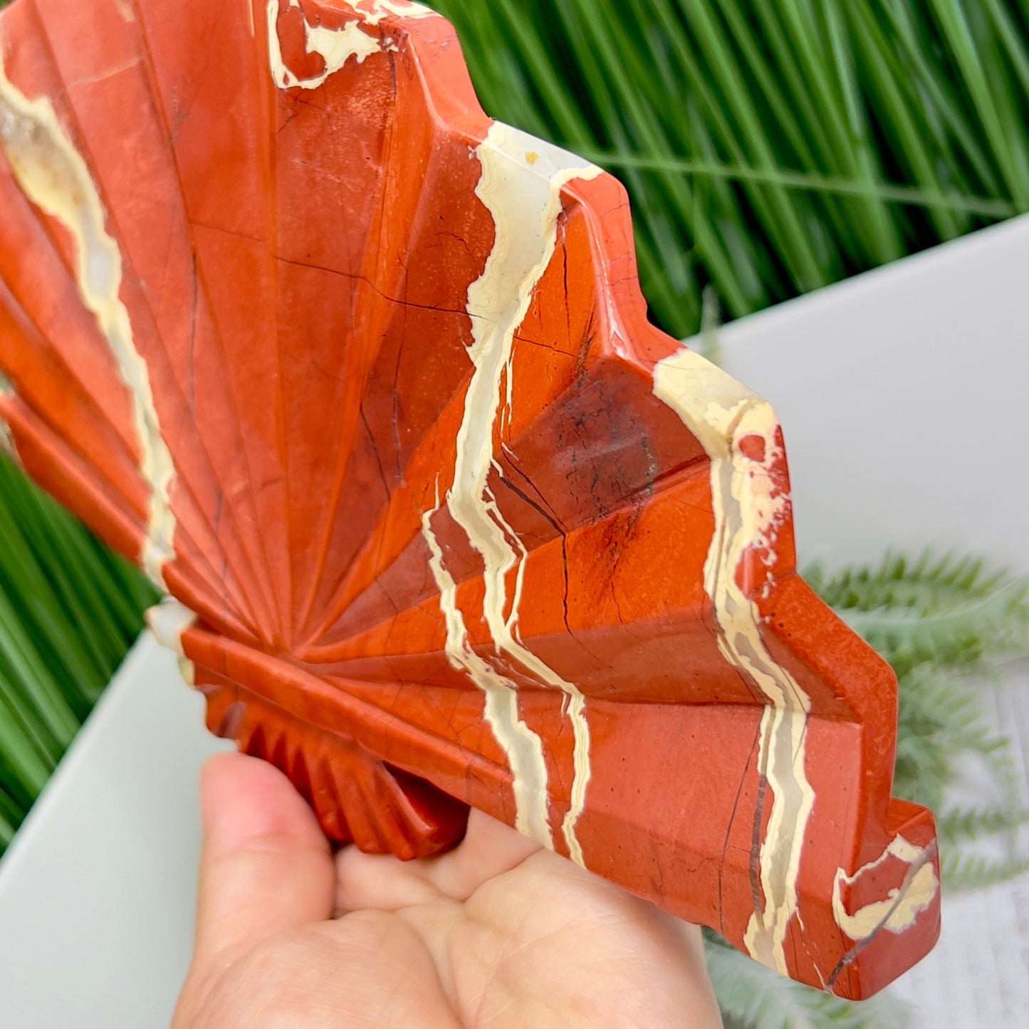 Red Jasper Gemstone Fan with Stand Crystal Carving 641g