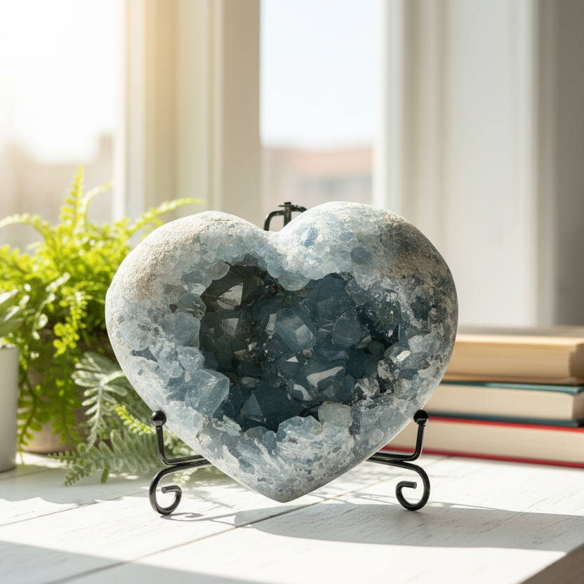 Celestite Celestine Deep Blue Heart with Stand Large Geode Cluster Crystal 1448g