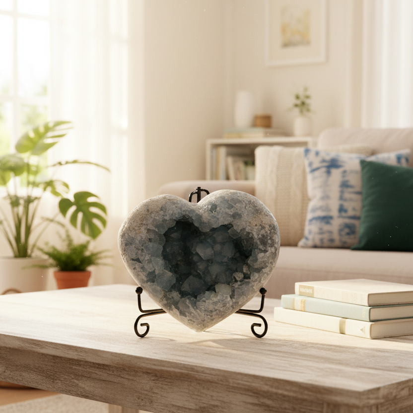 Celestite Celestine Deep Blue Heart with Stand Large Geode Cluster Crystal 1448g