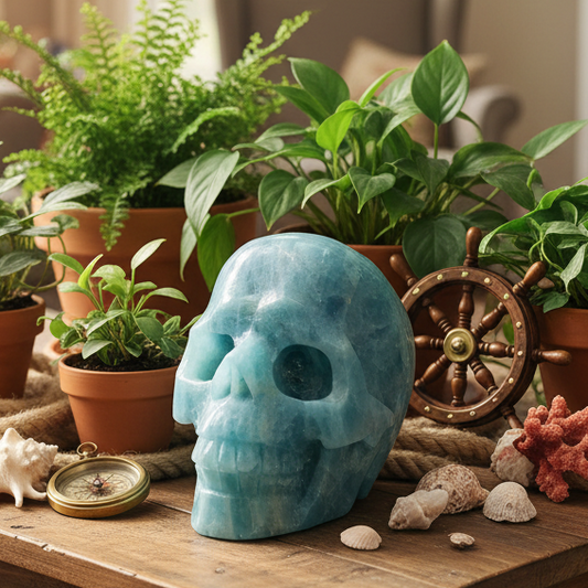 Aquamarine Skull Healing Crystal Carving 614g