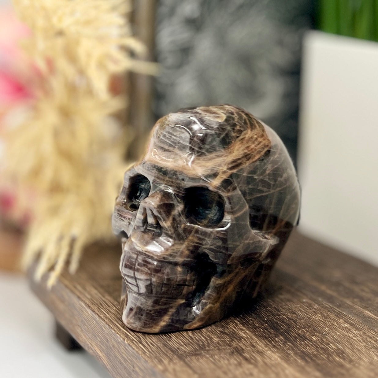 Black Moonstone Skull Healing Crystal Carving 738g