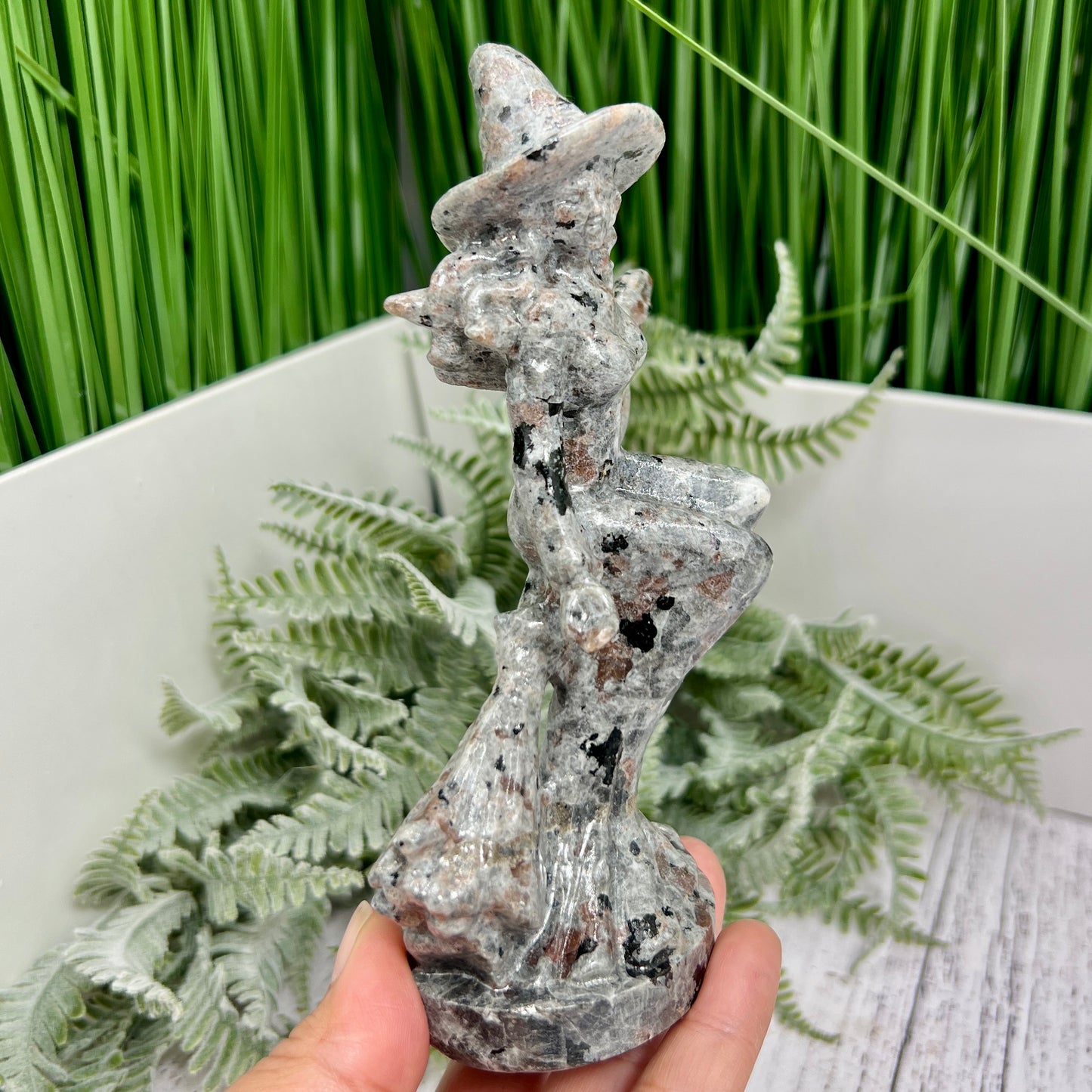 Yooperlite Witch on Broom UV Reactive Healing Crystal Carving 280g 150mm