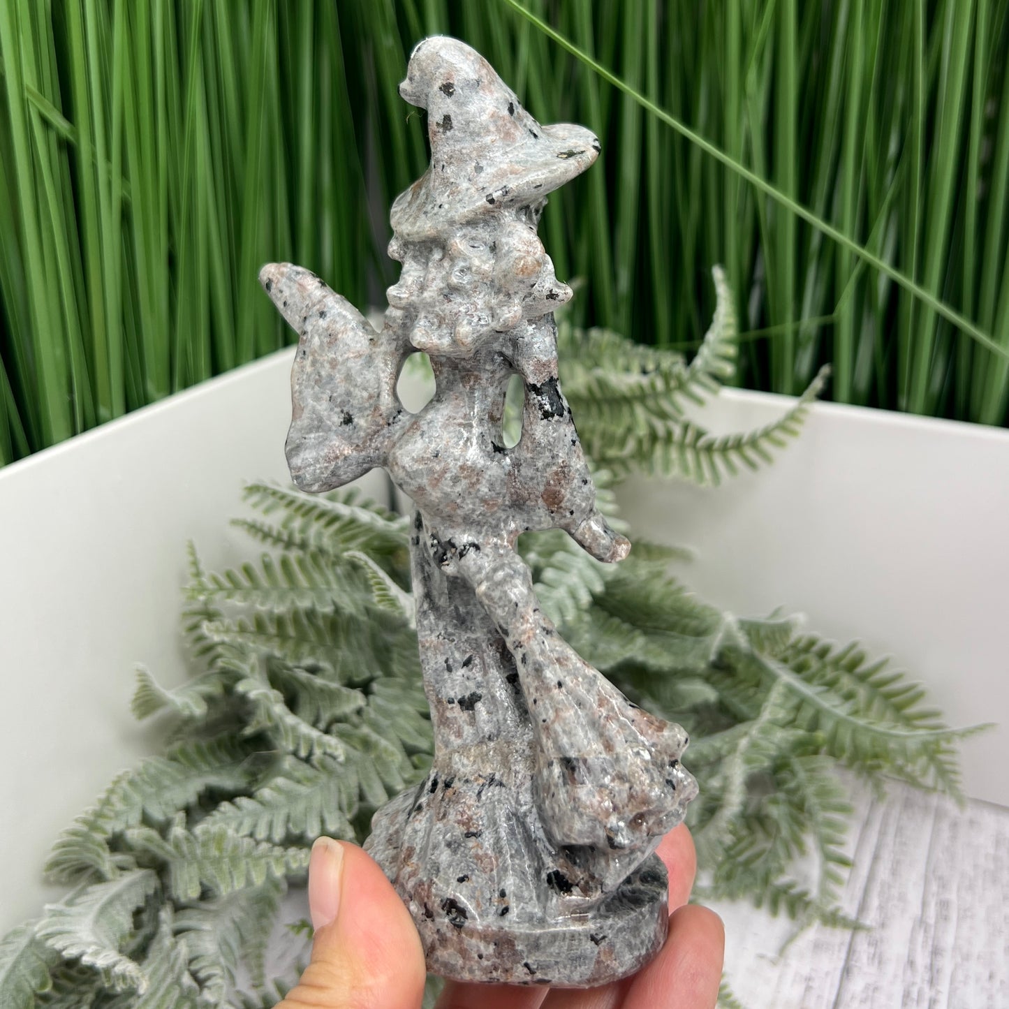 Yooperlite Witch on Broom UV Reactive Healing Crystal Carving 280g 150mm
