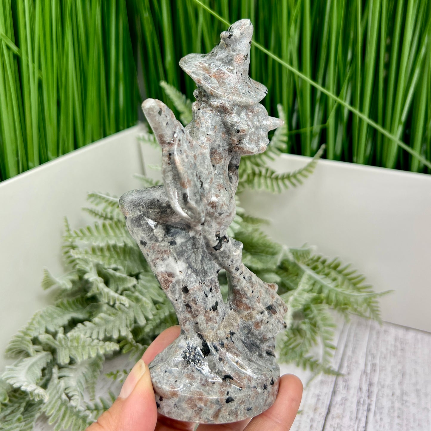 Yooperlite Witch on Broom UV Reactive Healing Crystal Carving 280g 150mm