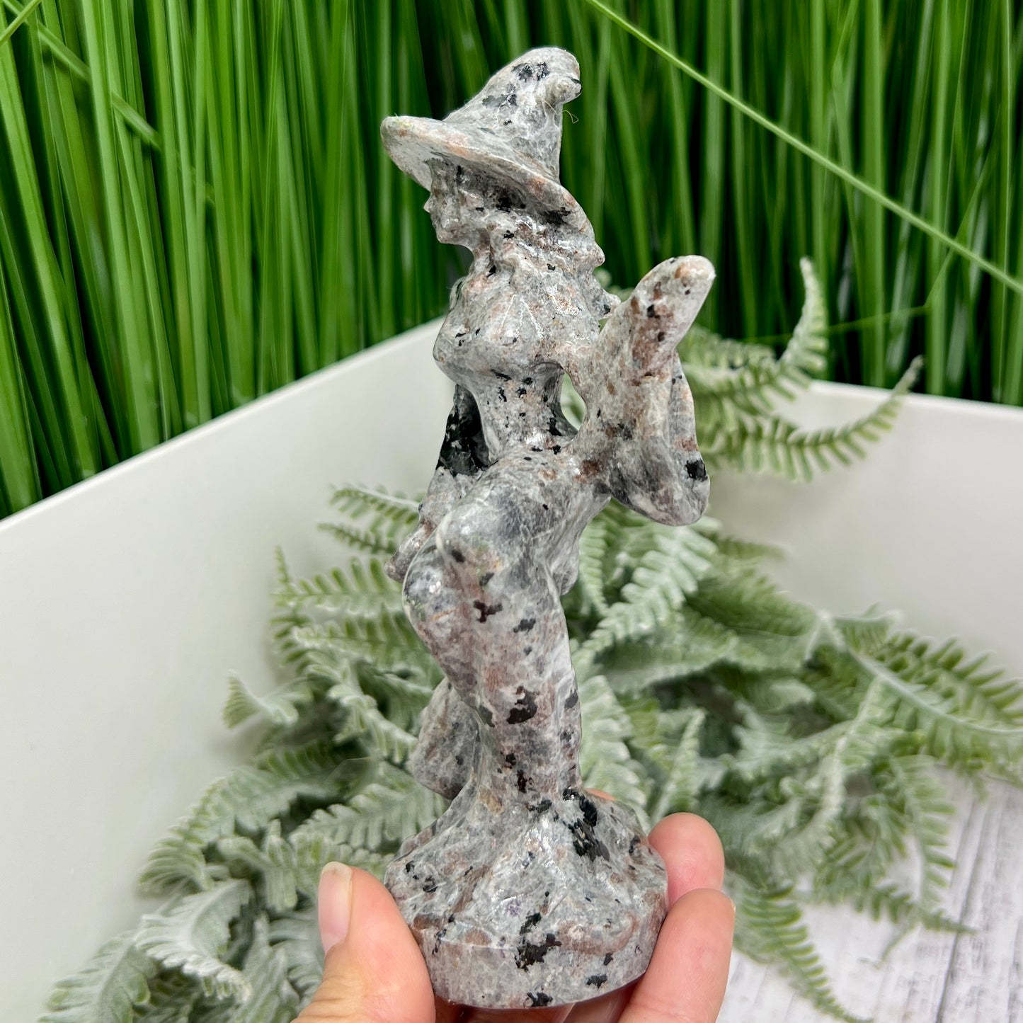 Yooperlite Witch on Broom UV Reactive Healing Crystal Carving 280g 150mm