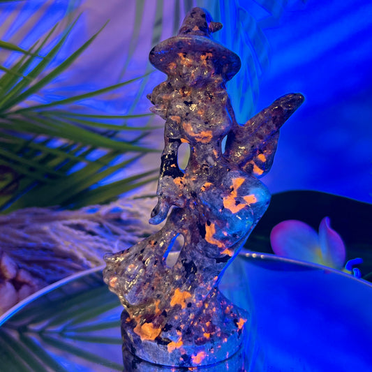 Yooperlite Witch on Broom UV Reactive Healing Crystal Carving 280g 150mm