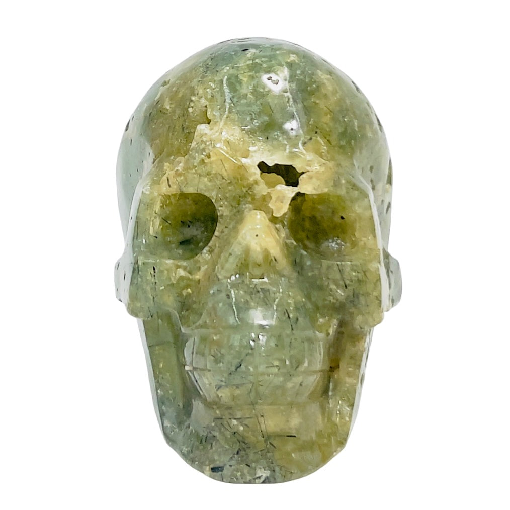 Prehnite with Epidote Skull Healing Crystal Carving 1049g