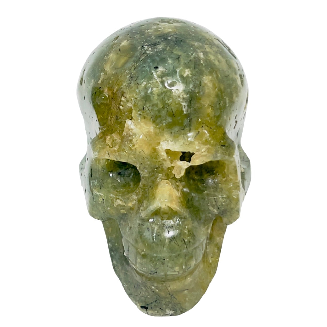 Prehnite with Epidote Skull Healing Crystal Carving 1049g