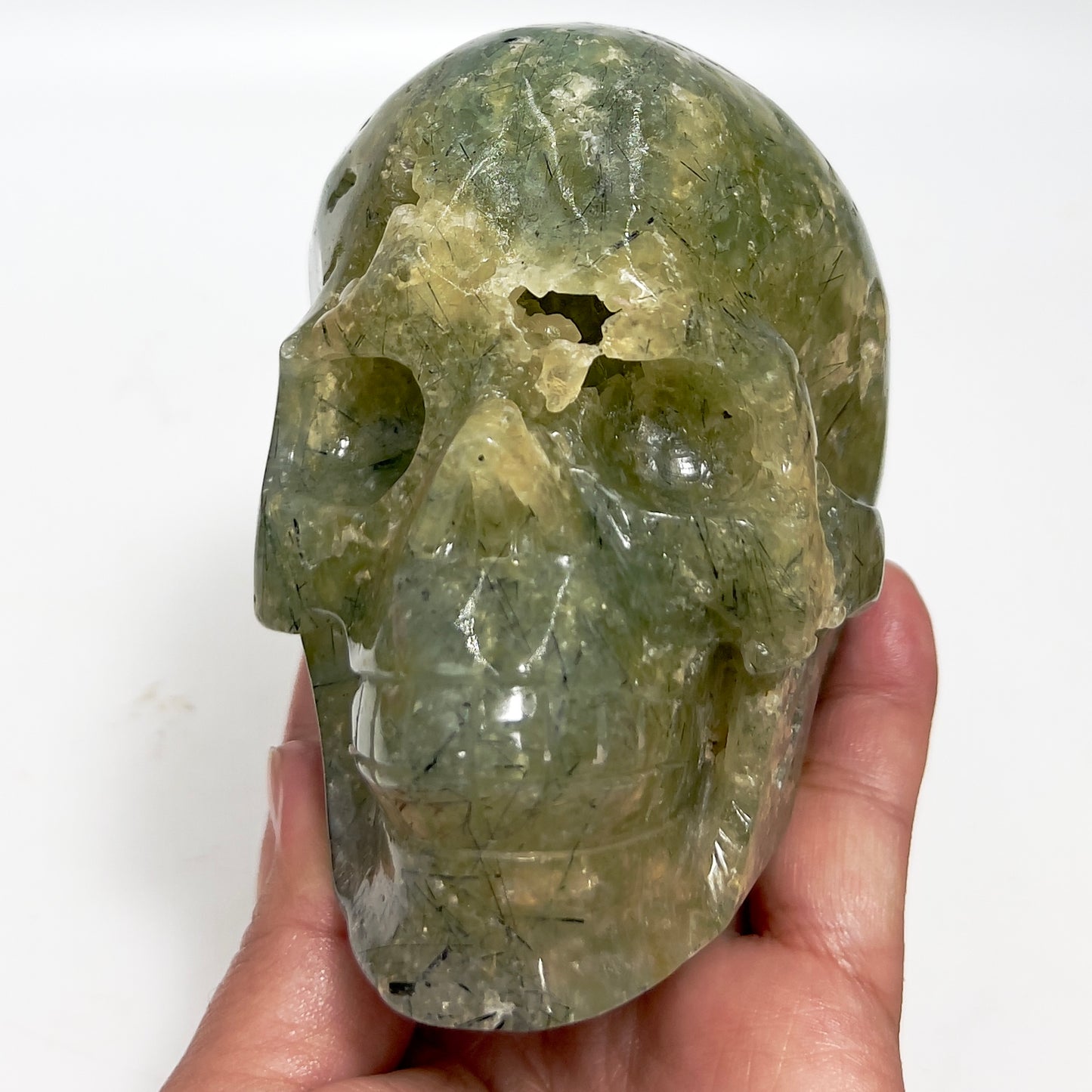 Prehnite with Epidote Skull Healing Crystal Carving 1049g