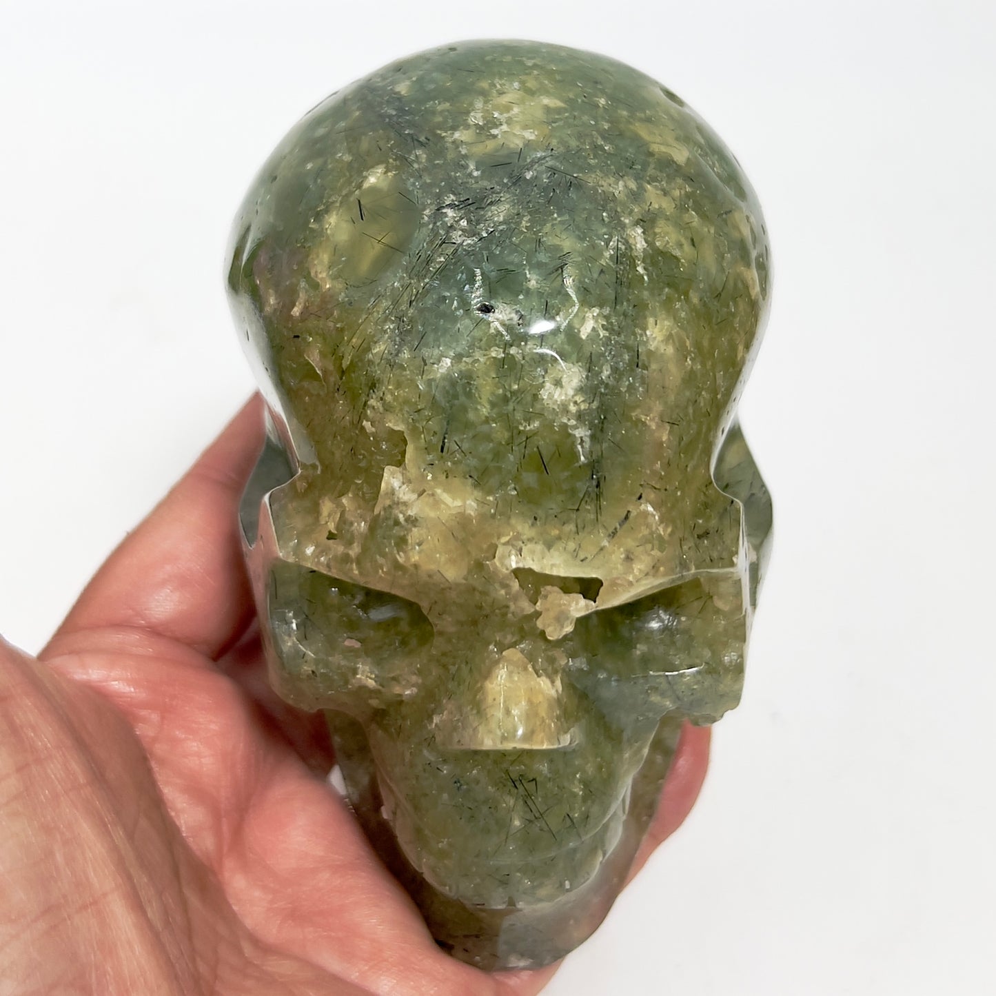 Prehnite with Epidote Skull Healing Crystal Carving 1049g