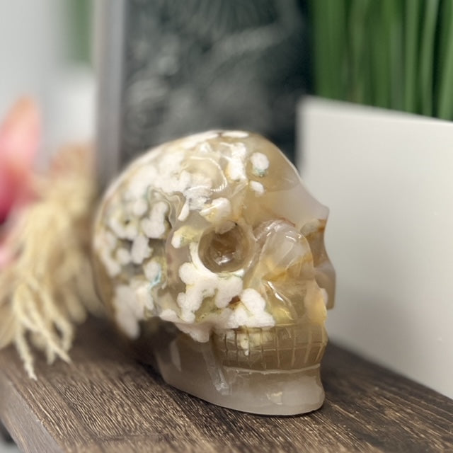 Flower Agate Skull Healing Crystal Carving 1137g
