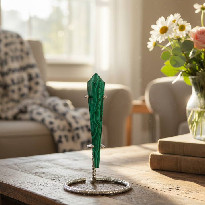 Malachite Wand with Stand Crystal 32g 92mm