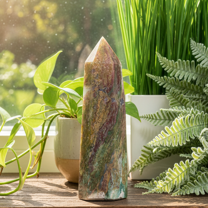Ocean Sea Jasper Tower Healing Crystal Generator 556g 166mm