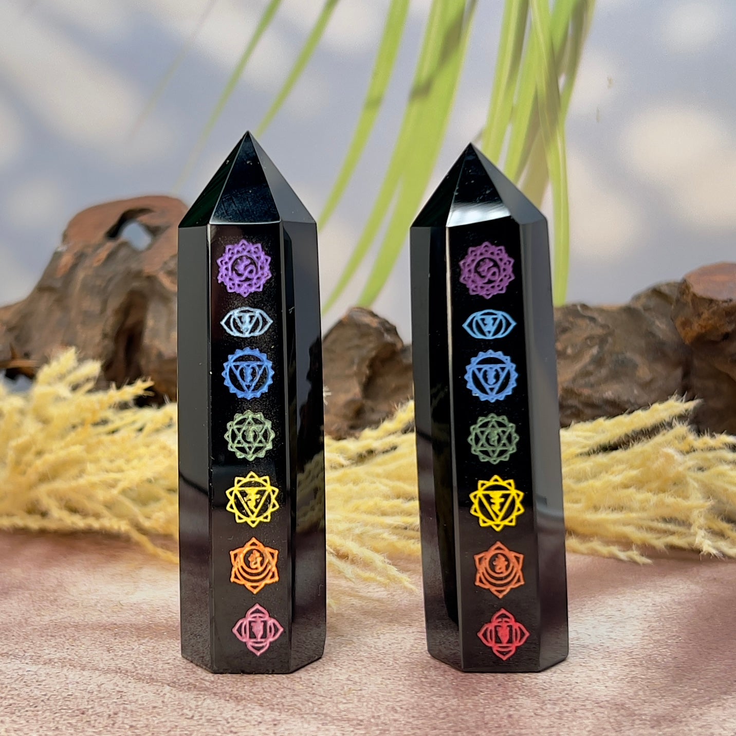 Black Obsidian Points With Chakra Print Crystal Generators YOU CHOOSE