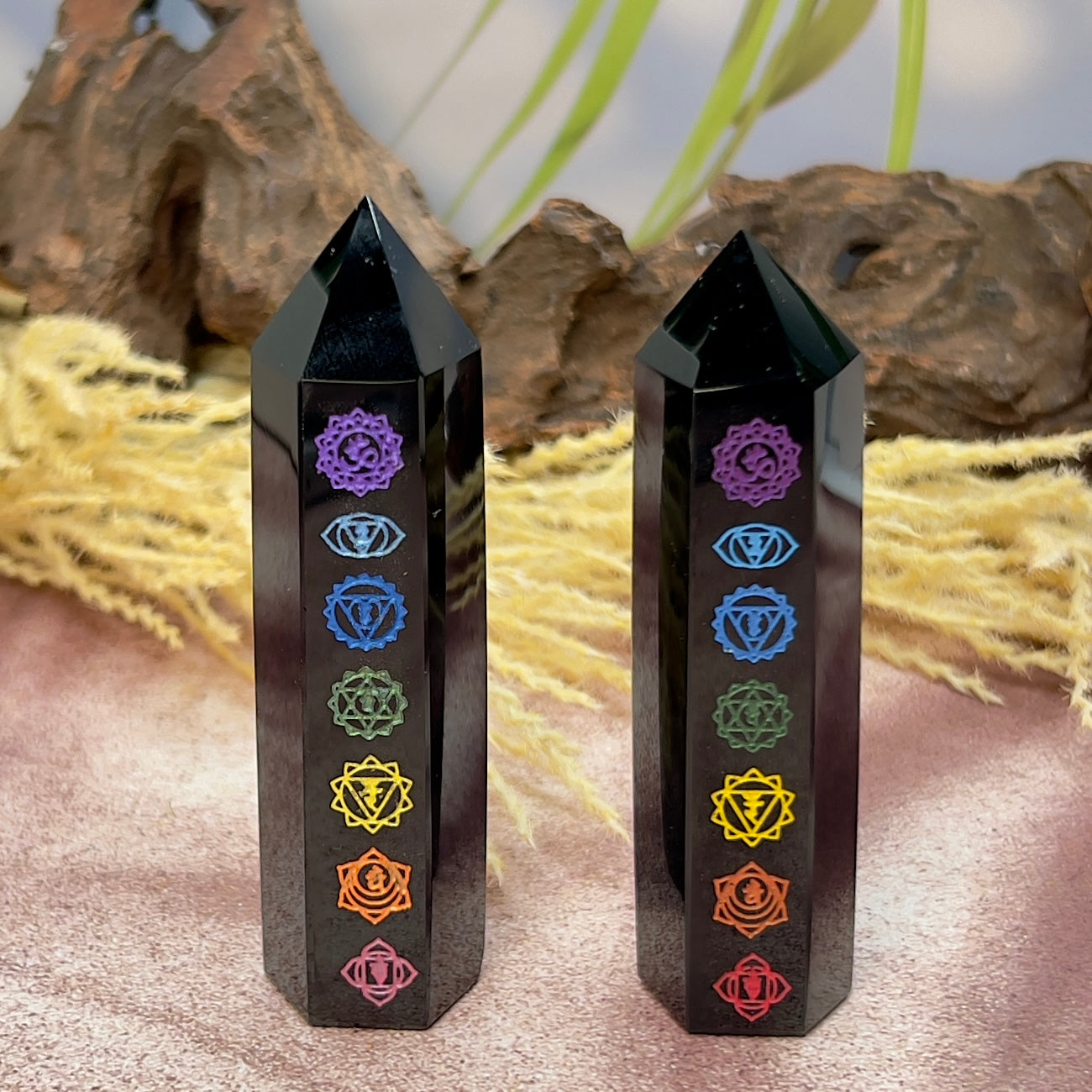 Black Obsidian Points With Chakra Print Crystal Generators YOU CHOOSE