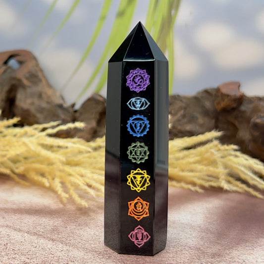 Black Obsidian Points With Chakra Print Crystal Generators YOU CHOOSE