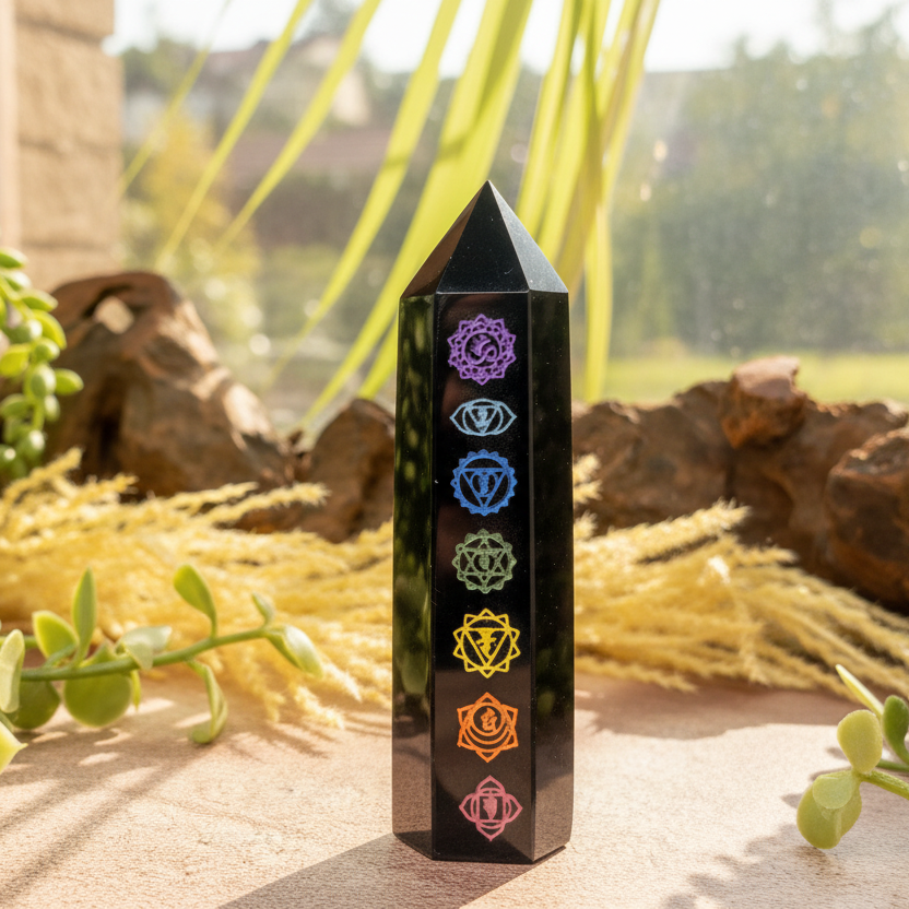 Black Obsidian Points With Chakra Print Crystal Generators YOU CHOOSE