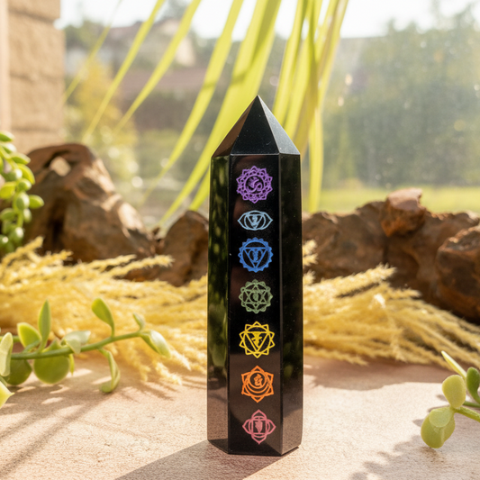 Black Obsidian Points With Chakra Print Crystal Generators YOU CHOOSE