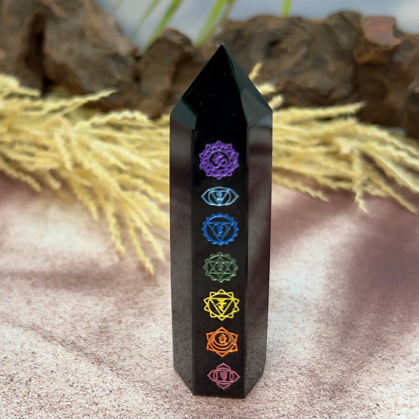 Black Obsidian Points With Chakra Print Crystal Generators YOU CHOOSE
